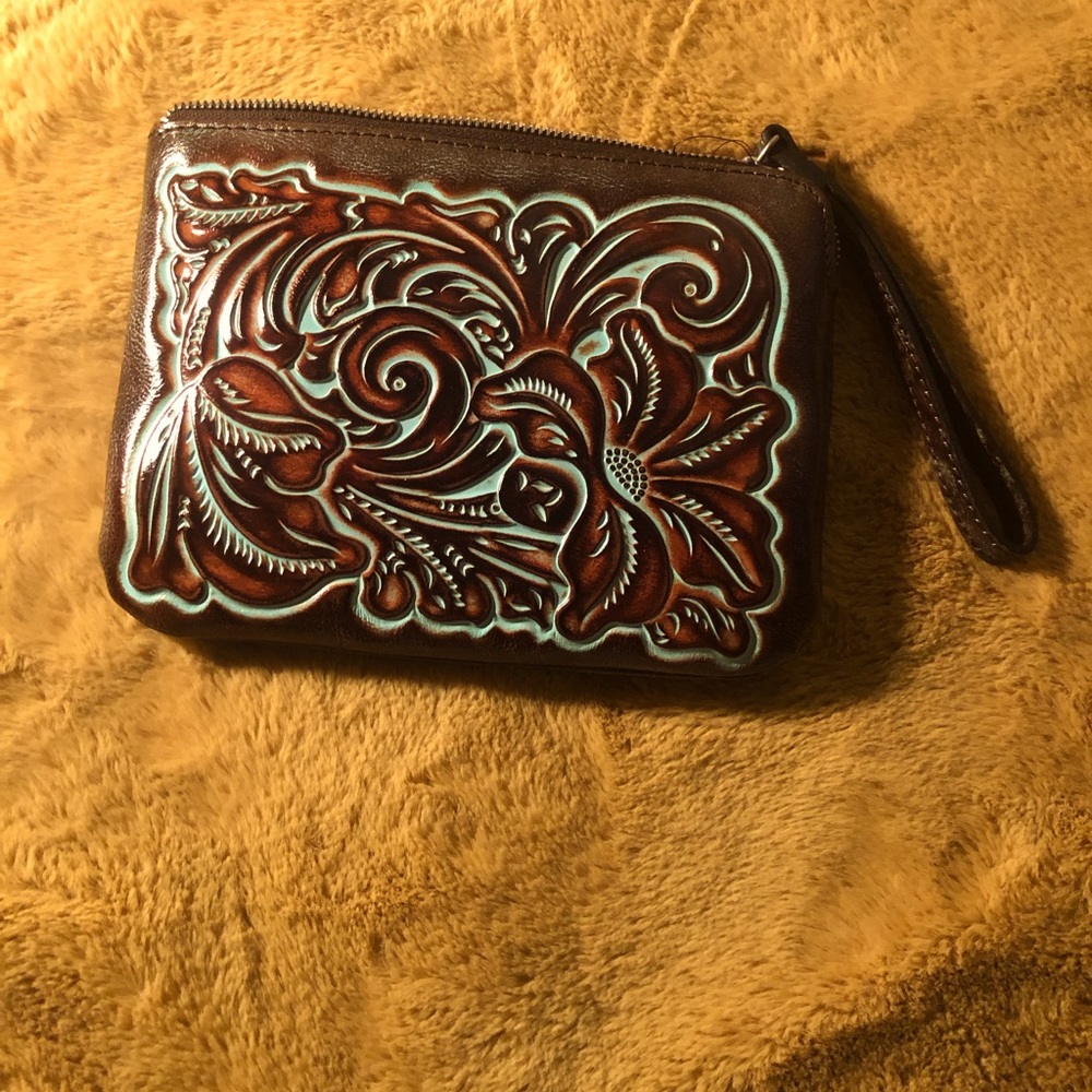 Patricia Nash Brown Turquoise Cassini Wristlet